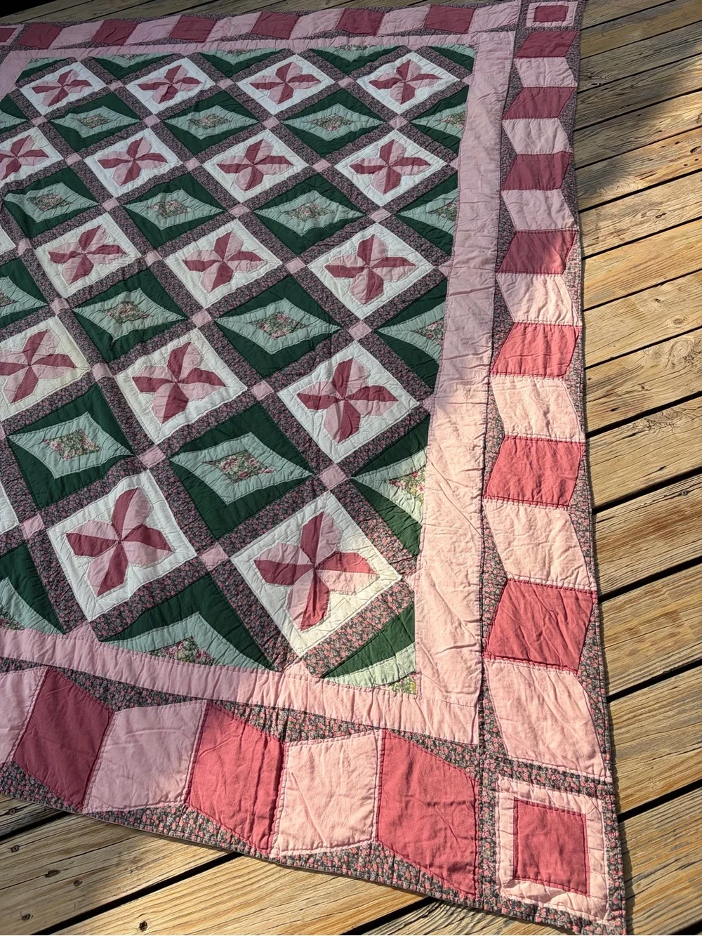 Handmade Pink and Green Patchwork Quilt - Floral Pinwheel Design VINTAGE stains